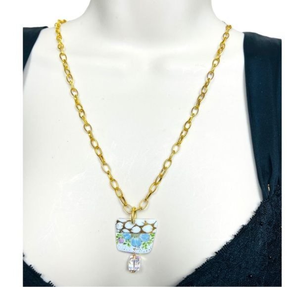 Artisan Jewelry - Broken China Artisan Pendant from a Vint English Fine China Cup & Crystal Dangle